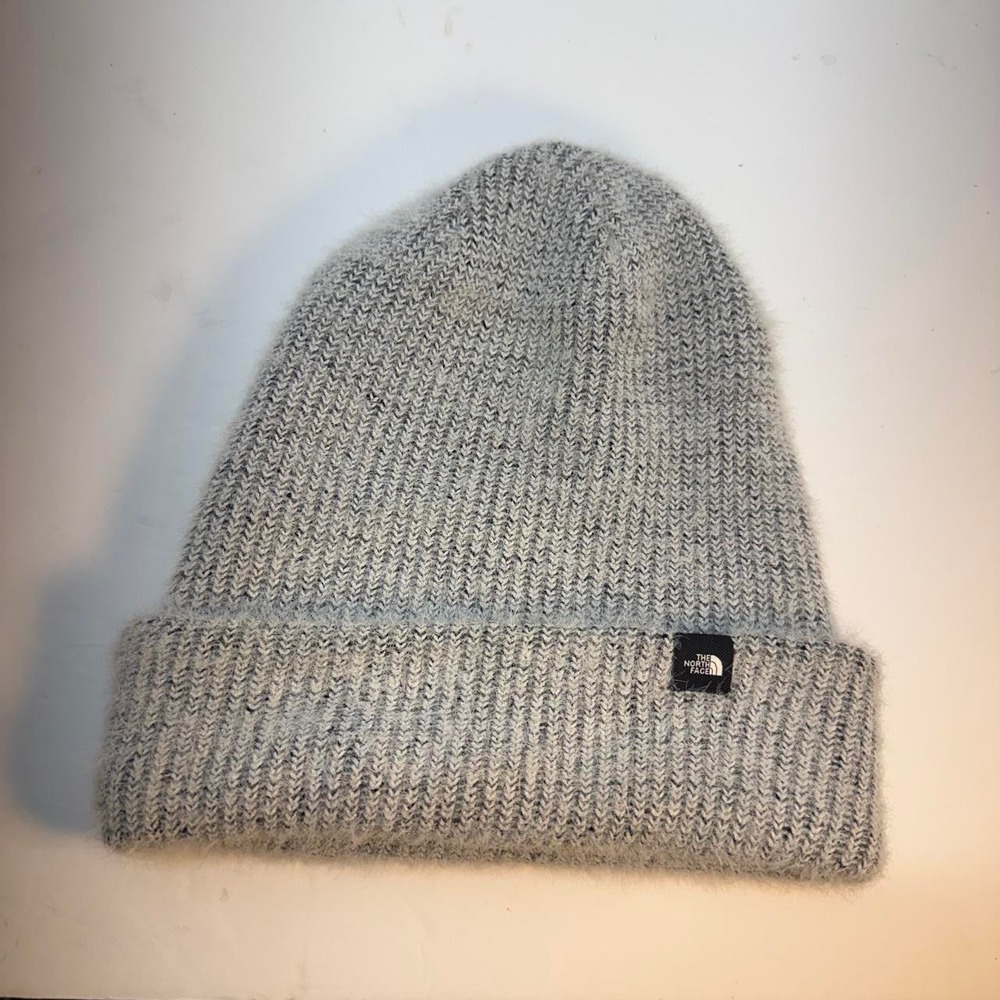 The North Face Unisex Beanie Hat Light Grey Black Logo Cuffed Knit Cap